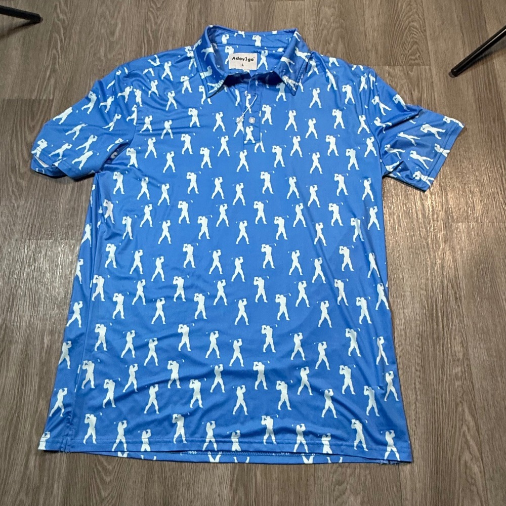 Adovigo Mens Blue‎ Golfer Silhouette Print Polo Shirt Size Large Short Sleeve